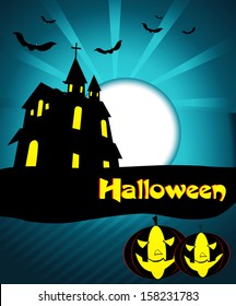 Vector Halloween background with flying bats, old house, moon, pumpkins
