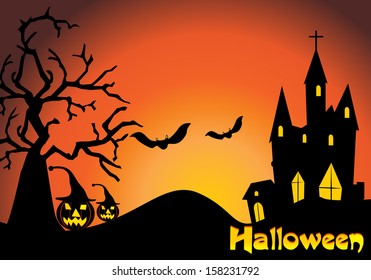 Vector Halloween background with flying bats, old house, pumpkin