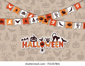 Vector halloween background with garlands and creepy ghosts and witches silhouettes illustration