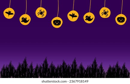 Vector Halloween background with ghost, pumpkin, spiders, bats, dry bushes. Purple, yellow, black. Happy Halloween day spooky Art template. Elements for web, cover, landing page. Horror person.