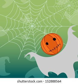 vector halloween background is a ghost and spider web, on green background