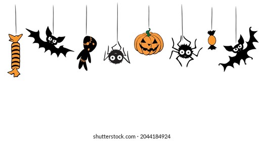 Fondo de Halloween vectorial con elementos tradicionales colgantes - calabaza, linterna de jack, zombie, araña, murciélago, caramelos. Patrón sin fisuras de borde, decoración, divisor o marco