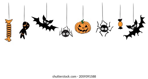 Vector Halloween background with hanging flat traditional elements - pumpkin, jack lantern, zombie,spider, bat, candy. Seamless pattern of border, decoration, divider or frame