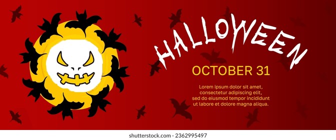 Vector Halloween background horizontal banner with ghost, moon, bats. Holiday advertising copy space. Happy Halloween day spooky Art template. Elements for web, cover, landing page. Horror person.