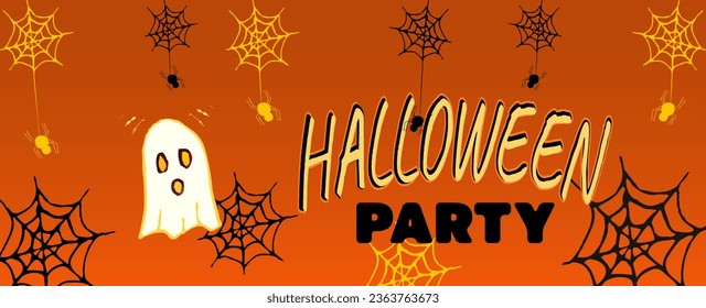 Vector Halloween background horizontal banner with ghost, spider, spider web. Advertising copy space. Happy Halloween day spooky Art template. Elements for web, cover, landing page. Horror person.