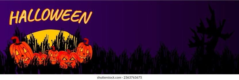 Vector Halloween background horizontal banner with pumpkins, moon, dry tree, bushes, tree silhouette. Happy Halloween spooky Art template. Elements for web, cover, landing page. Horror illustration.