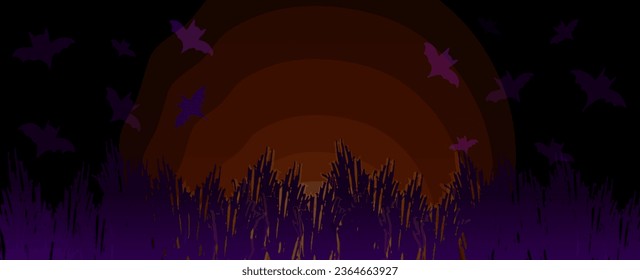 Vector Halloween background horizontal banner with ghost, spider, spider web. Advertising copy space. Happy Halloween day spooky Art template. Elements for web, cover, landing page. Horror person.