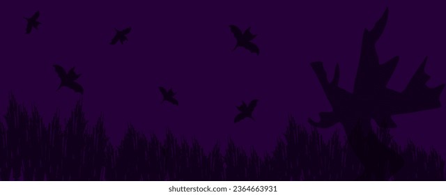 Vector Halloween background horizontal banner with bats, dry bushes, tree. Advertising copy space. Happy Halloween day spooky Art template. Elements for web, cover, landing page. Horror person.