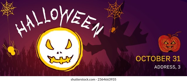 Vector Halloween background horizontal banner with ghost, pumpkin, spiders, dry tree, bushes. Happy Halloween day spooky Art template. Elements for web, cover, landing page. Horror person.