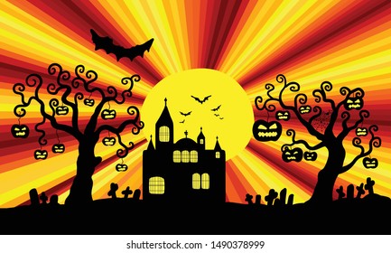 Vector Halloween background with a hunted  castle, graveyard, pumpkins on  trees and bats 