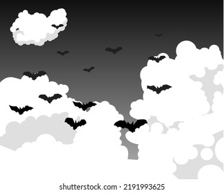 Vector Halloween background with illustration of bats flying above the clouds