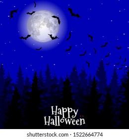 Vector Halloween background with illustration of flying bats over moon. Happy halloween party. Spooky halloween background with scary bats on full moon background. Full moon night spruce forest.