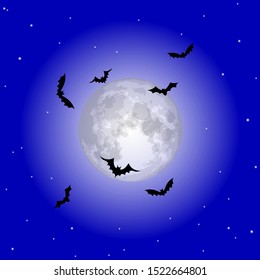 Vector Halloween background with illustration of flying bats over moon. Happy halloween party. Spooky halloween background with scary bats on full moon background. Full moon night spruce forest.