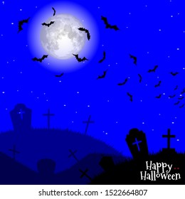 Vector Halloween background with illustration of flying bats over moon. Happy halloween party. Spooky halloween background with scary bats on full moon background. Full moon night spruce forest.