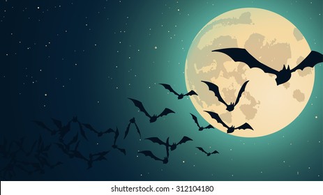 Vector Halloween background with illustration of flying bats over moon