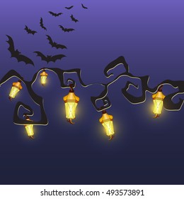 Vector halloween background with lighting gothic street lamps on tree and bats. Halloween colorful  card for greeting and invitations
