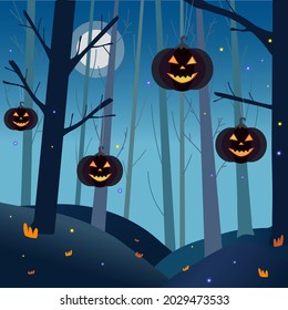 Vector Halloween background. Mystical night forest, trees, and pumpkins.