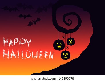 Vector halloween background with old tree, pumpkin, spiders and bats.