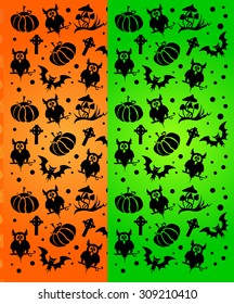 Vector Halloween background with owls, poisonous mushrooms, pumpkins and bats