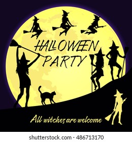 Vector Halloween background for party invitation. Dancing and flying young sexy witches opposite yellow fool moon and Halloween Party lettering.