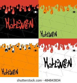 Vector halloween background for party poster. Halloween text with frame of mucus or blood with cobwebs. Flat cartoon illustration. Objects isolated on background.
