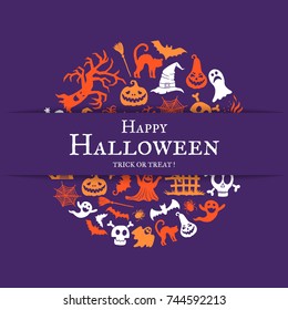 Vector halloween background with place for text with cricle of creepy witches, ghosts and pumpkins. Halloween holiday, ghost and spider, trick or treat illustration