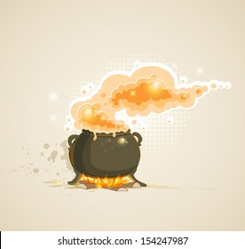 Vector Halloween background with pot in the fire