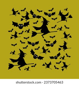 Vector halloween background. Repeating Halloween background. Texture, pattern, shape, holidays. Witch flying on a broom, bat. Orange background, black patterns.