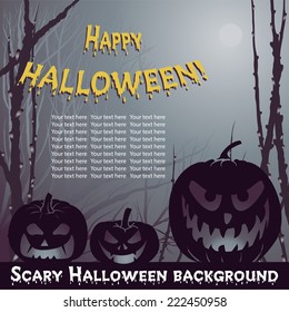 Vector Halloween background with scary pumpkins in night forest