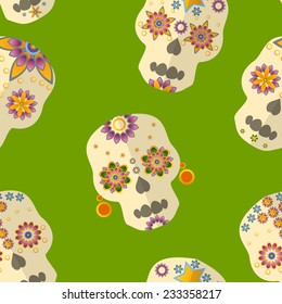 Vector Halloween background (seamless pattern), skulls with floral ornament. Can be used as wrapping paper on Halloween, web page background, textile print etc.
