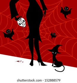 Vector Halloween background with silhouettes of witch in Halloween costume