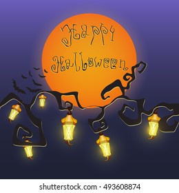  Vector halloween background of stylized moon round frame with place for your text, lighting gothic street lamps on tree and bats. Halloween colorful  card for greeting and invitations
