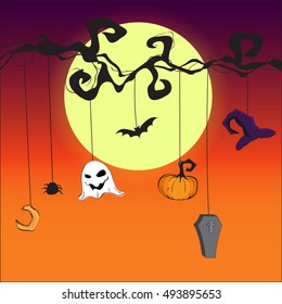 Vector halloween background with stylized toys on tree. Halloween colorful  card for greeting and invitations with witch hat, bat, ghost, moon, spider, pumpkin and coffin.
