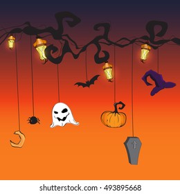 Vector halloween background with stylized toys on tree and gothic street lamps. Halloween colorful  card for greeting and invitations with witch hat, bat, ghost, moon, spider, pumpkin and coffin.
