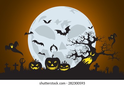 Vector Halloween background with tombstones, cemetery, tree and crows in gray and green tones