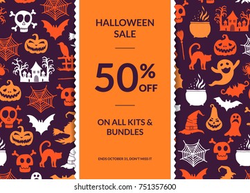 Vector halloween background with vertical decorative ribbon, witches, pumpkins, ghosts, spiders silhouettes and place for text illustration