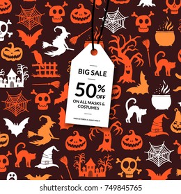 Vector halloween background with white sale tag hanging from the top and place for text. Halloween shopping banner with background illustration