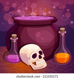 Vector halloween background with witch cauldron boiling the potion and skull 