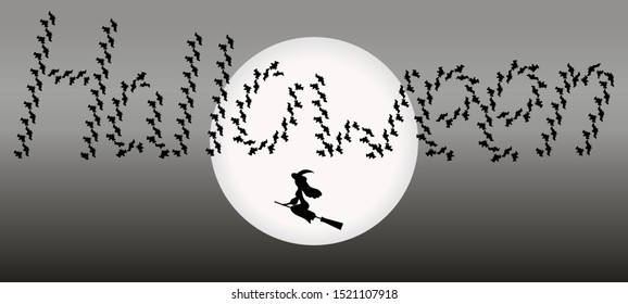 Vector of Halloween background with witch flying on broom, full moon and bats. Black and white