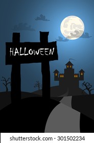 Vector : Halloween background with wood sign and castle background