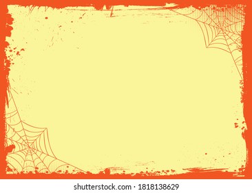 The vector Halloween banner blank yellow template background with grunge orange border and spider net