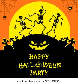 Vector Halloween banner with dancing skeletons, pumpkin, scary face, graves and crosses against the backdrop of the moon