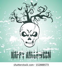 Vector Halloween  banner, flyer, poster with witch and skull silhouettes in light background.