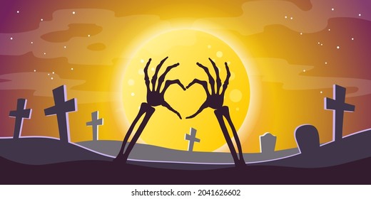 Vector Halloween banner. Full moon against the dark sky and silhouettes of graves, crosses in the cemetery and zombie bones