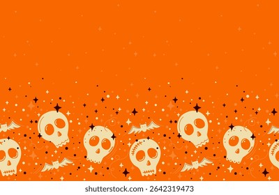 Vector Halloween banner with a gradient pattern of cute skulls, stars and bats. This bright and juicy orange gradient background includes a central space for custom text and designs.