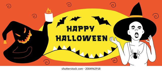
vector halloween banner image. The witch and the monster will frighten the guests at your party. People made up in suits