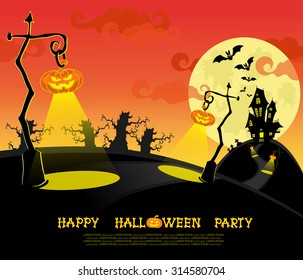 Vector Halloween banner with lamps from pumpkins, bats, graves and scary house for party on big moon background