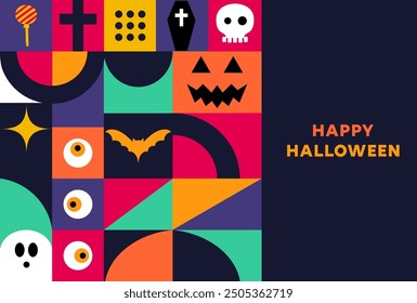 Vector Halloween banner with modern abstract geometric Bauhaus pattern. Halloween holiday celebration vector horizontal banner. Bauhaus geometric pattern