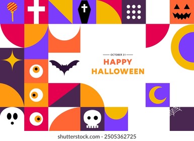 Vector Halloween banner with modern abstract geometric Bauhaus pattern. Halloween holiday celebration vector horizontal banner. Bauhaus geometric pattern