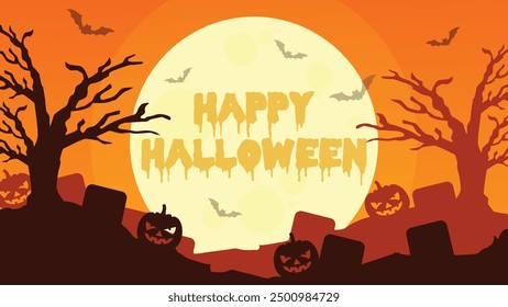 vector halloween banner with moon, bat, grave and pumpkin silhouette